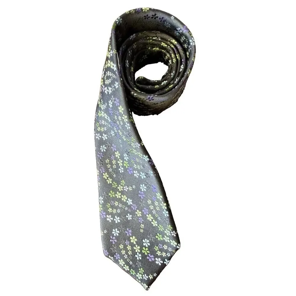Geoffrey Beene Mens 100% Silk Tie Gray Purple Green Floral Necktie Garden
